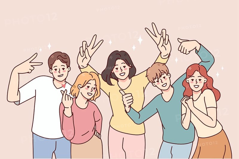 Portrait of smiling people posing together. Happy men and women have fun make diverse gestures. Friendship and unity. illustration