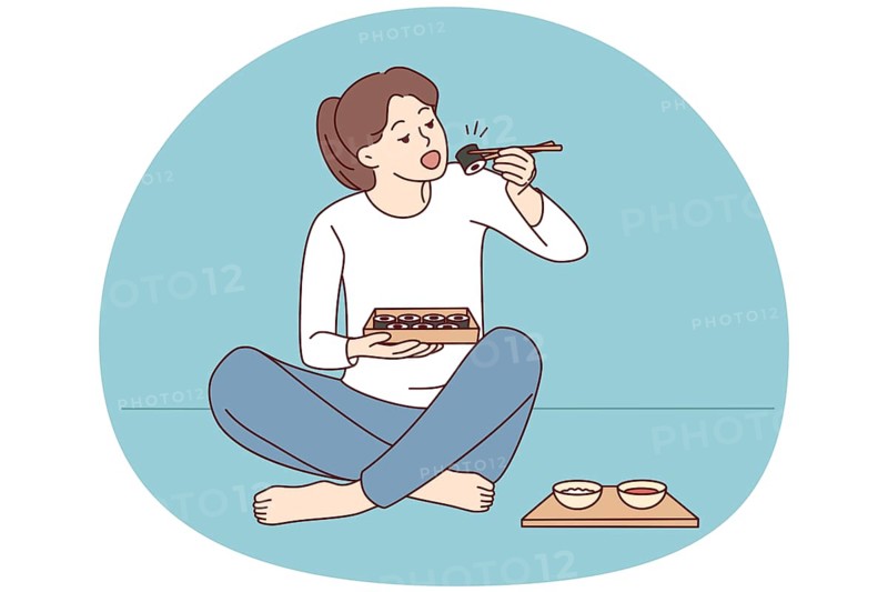Happy young woman sit on floor eating sushi with chopsticks. Millennial female enjoy traditional Japanese food at home. Cuisine concept. Vector illustration