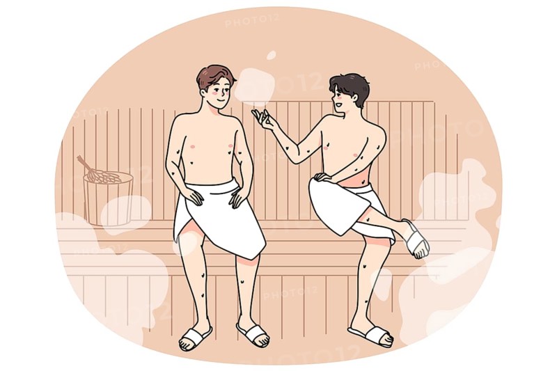 Happy male friends in towels relax in sauna on weekend together. Smiling men enjoy bathhouse relaxation, rest in spa or wellness center. Relaxation and recreation. Vector illustration