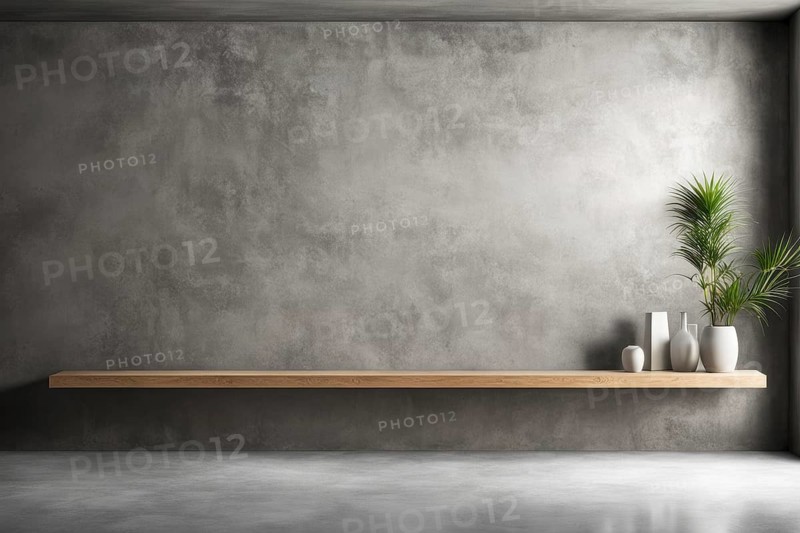 Modern minimalistic interior with concrete walls and floor, featuring a wooden shelf with decorative vases and a plant, AI generated