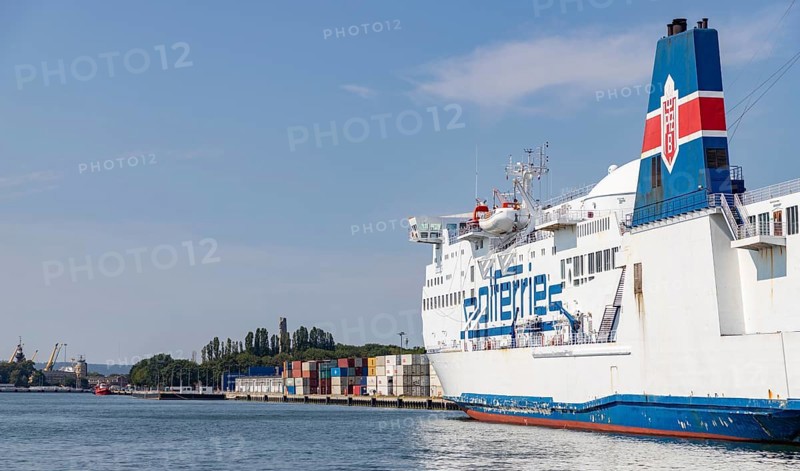 A picture of a large passenger and roll on-roll off cargo ship from Polferries docked in the Port of Gdansk