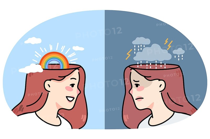 Young woman with bad mood and good mood. Unhappy and happy girl emotions. Concept of human emotional state and mindset. Flat vector illustration