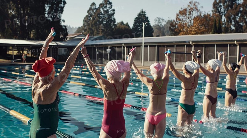 Elderly women united in joyful exercise in the pool, raising their arms in an outdoor swimming pool, wearing colorful swimwear, AI generated