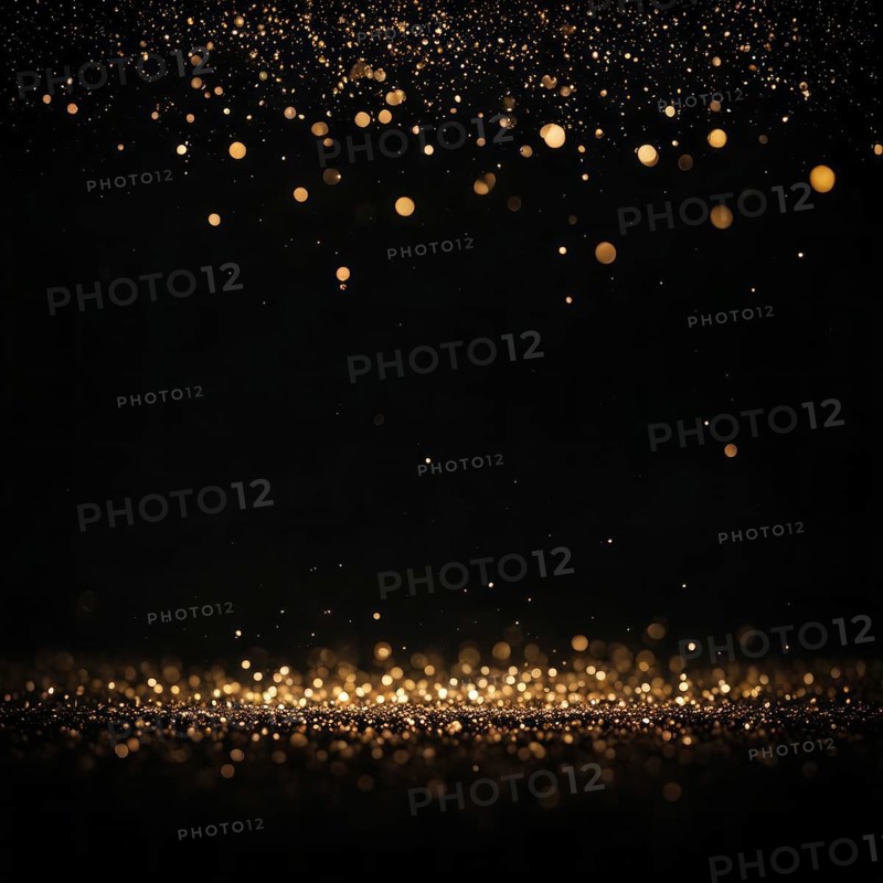 Glowing gold particles floating against a black background, resembling a starry night sky, AI generated