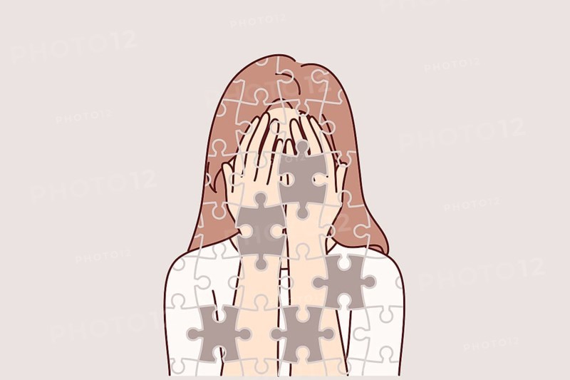 Depressed girl suffers from self-destruction and personality destruction, consists of mosaic with void. Depressed woman with mental disorder and psychological problems needs help of psychologist