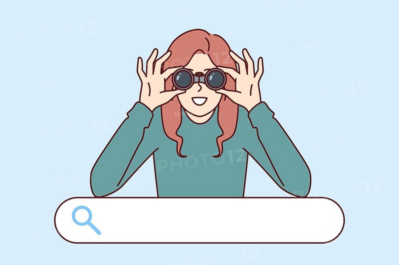 Woman is looking for necessary information standing over search bar and using binoculars. Concept of search in digital space or detective investigation to clarify circumstances of crimes