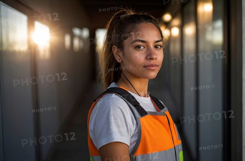Confident woman in a reflective safety vest standing in a corridor with soft lighting, AI generated
