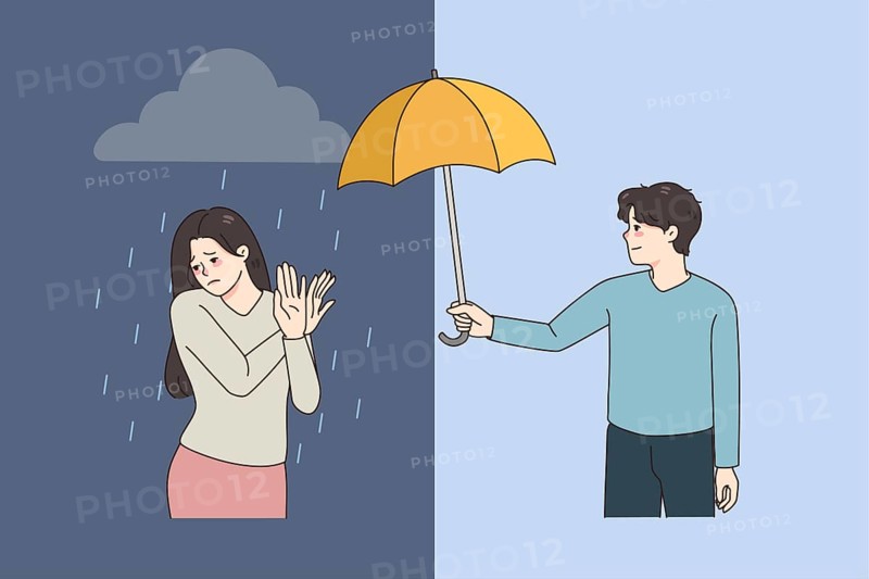 Depressed woman refuse from male friend help cover her with umbrella from rain. Unhappy girl suffer from depression reject aid or assistance. Psychological problem, pessimism. illustration