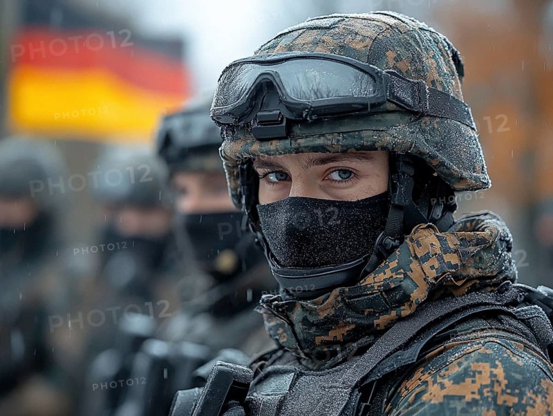 A masked soldier stands with her unit, wearing a helmet in a winter setting, with the German flag visible, AI generiert, AI generated