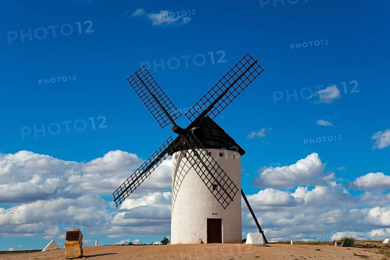 A windmill under a clear, cloudy sky, Campo de Criptana, Ciudad Real province, Castilla-La Mancha, Don Quixote Route, Spain, Europe