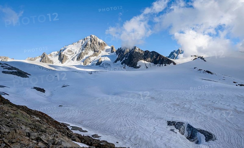High alpine mountain landscape, summit of the Aiguille de Chardonnet and Glacier du Tour, glaciers and mountain peaks, Chamonix, Haute-Savoie, France, Europe