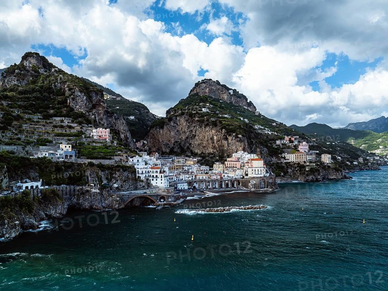 Amalfi from a drone, Salerno, Campania, Italy, Europe