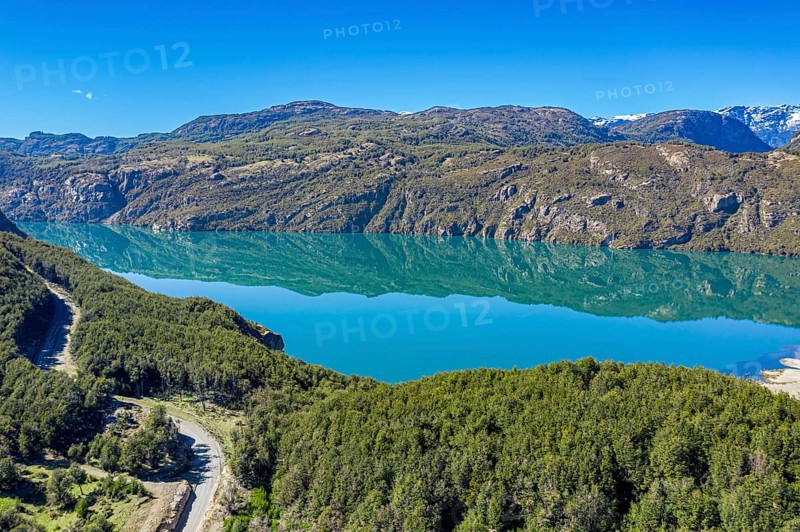 Lake Lago Verde at the carretera austral west of village Villa Cerro Castillo on a calm day, reflections on the lake, aerial view, Patagonia, Chile, South America