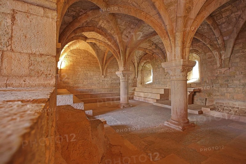 Interior view of the chapter house with ceiling vault and columns of the Romanesque abbey of Le Thoronet, monastery complex, Cistercian abbey, Var, Provence, France, Europe