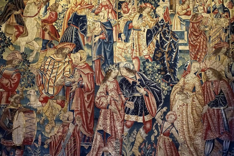 16th century Flemish tapestry from Tournai in the Gothic room at Kasteel van Gaasbeek, renovated medieval castle at Lennik, Flemish Brabant, Belgium, Europe