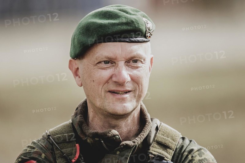 Brigadier General Alexander Krone, Commander NATO Response Force Land Brigade, photographed during a Bundeswehr exercise with forces from Norway and the Czech Republic at the 'Wettiner Schwert' exercise as part of Quadriga 2024 in the training town of Schnöggersburg, 8 April 2024