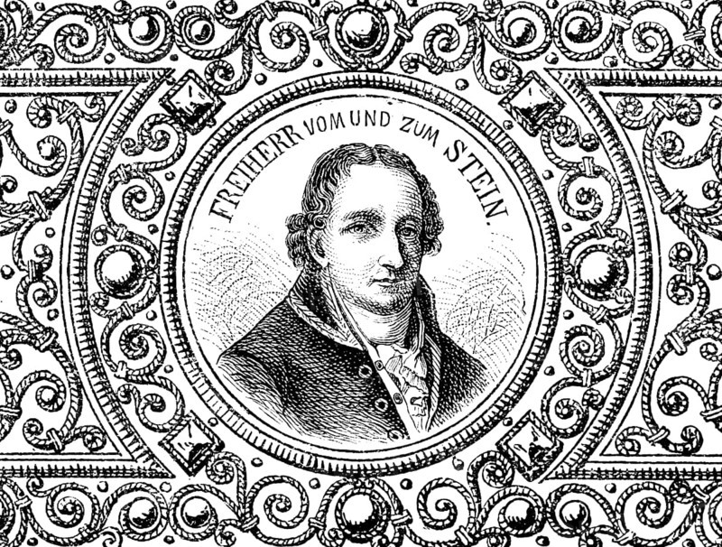 Portrait of the Prussian statesman, reformer and minister Freiherr vom und zum Stein (1757-1831), promoter of Begbau, round frame, ornamentation, Prussia, historical illustration 1882