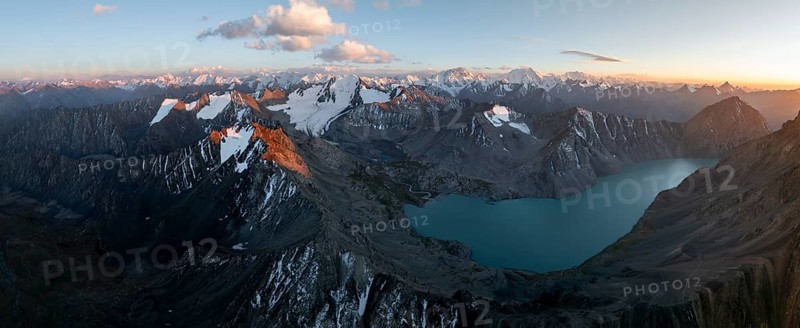Evening mood, mountain panorama, aerial view, 4000 metre peak with glacier, mountain pass and mountain lake Ala-Kul Lake, Tien Shan, Kyrgyzstan, Asia