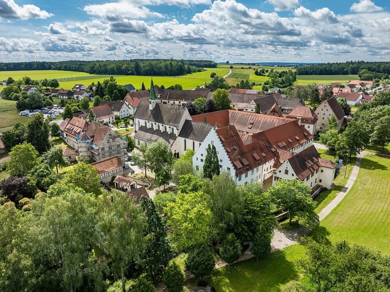 Aerial view of the village of Heiligkreuztal with the cathedral and the former Cistercian nunnery, district of Biberach, Upper Swabia, Baden-Württemberg, Germany, Europe