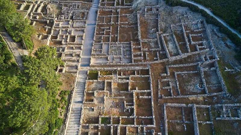 Drone shot, first morning light, Close aerial view of an ancient ruins site, detailed walls and paths, surrounded by nature, Kamiros, Archaeological site, Ancient city, Foundation of Doric Greeks, Rhodes, Dodecanese, Greek Islands, Greece, Europe