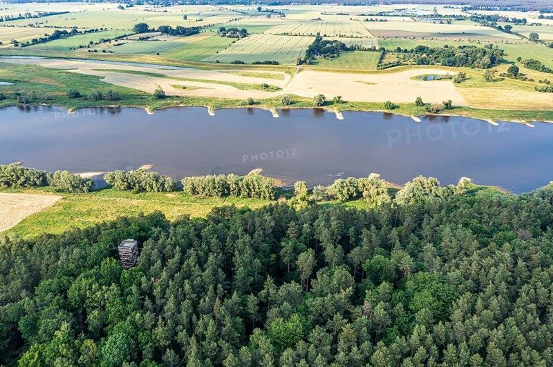 Aerial view of viewpoint Kiepenberg near Elbe river, wooden tower west of village Hitzacker, Germany, Europe