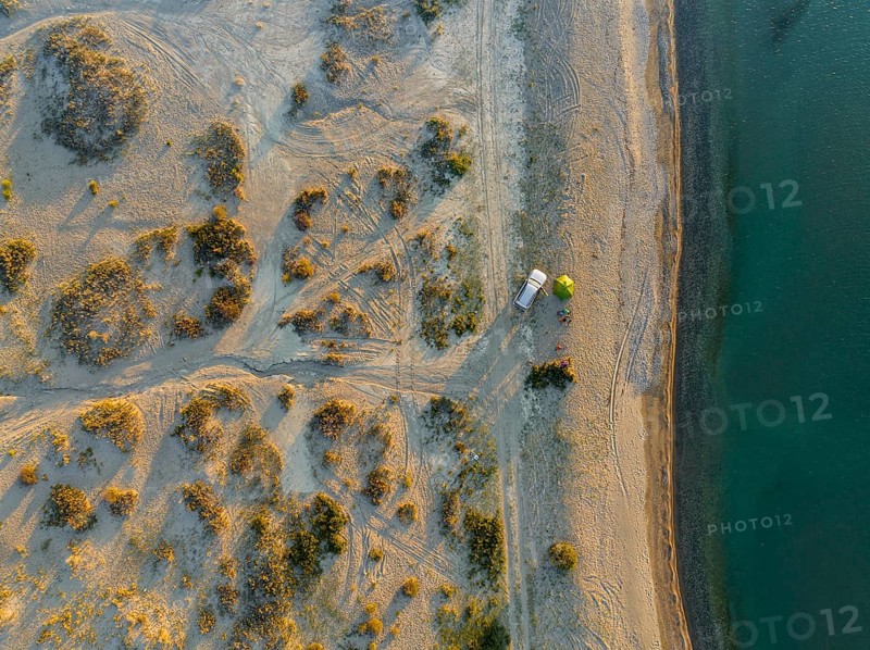Top-Down, Camping with car, Aerial view, Landscape at Lake Issyk Kul, Kyrgyzstan, Asia