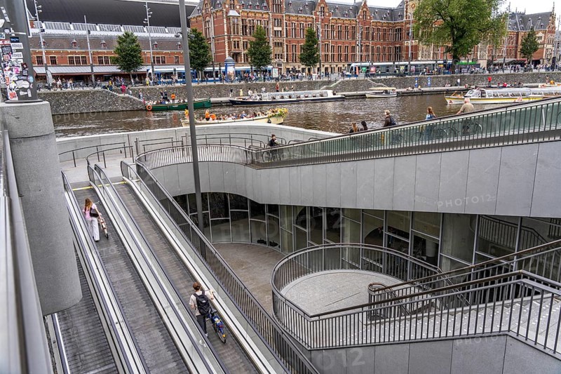 New bicycle car park at Amsterdam Central Station, Stationsplein, space for around 7000 bicycles, largest in Amsterdam, digitally monitored, underground, direct connection to the station and metro, Netherlands, escalators lead to the bicycle garage, Netherlands