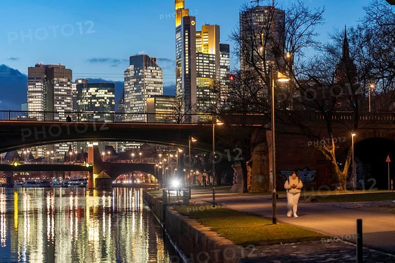 Skyline of the city centre of Frankfurt am Main, cycle and footpath, promenade, along the river Main, dusk, Hesse, Germany, Europe