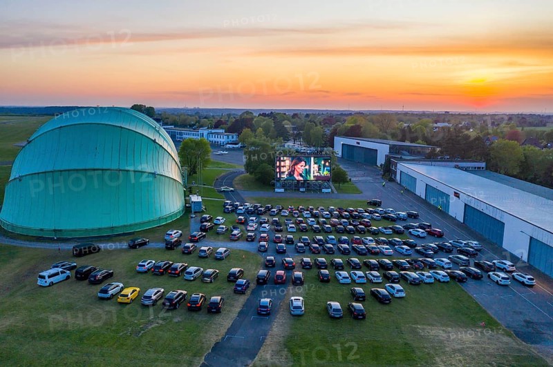 Drive-in cinema at Essen/Mülheim Airport Motor Movies, temporary film screening, at the WDL airship hangar, event in compliance with contact restrictions, effects of the corona crisis in Essen, Mülheim Germany