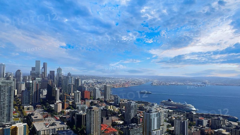 Panoramic view of Seattle Bell Harbor Marina and Seattle financial downtown skyline panorama