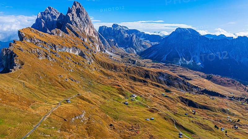 The Sas Rigais and Furchetta peaks of the Odle Group, drone shot, Val Gardena, Dolomites, Autonomous Province of Bolzano, South Tyrol, Italy, Europe