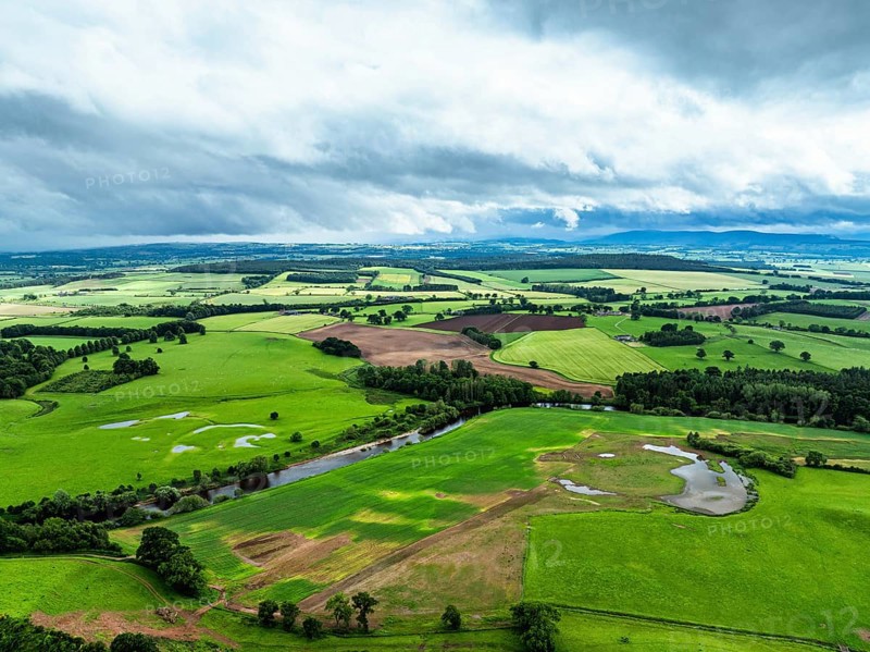 Farms and Fields over River Eden and River Eamont from a drone, Cumbria, England, United Kingdom, Europe