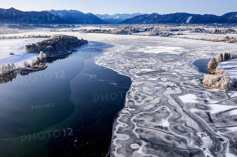 Aerial view of ice formations on a frozen lake, winter, Riegsee, Alpine foothills, Upper Bavaria, Bavaria, Germany, Europe