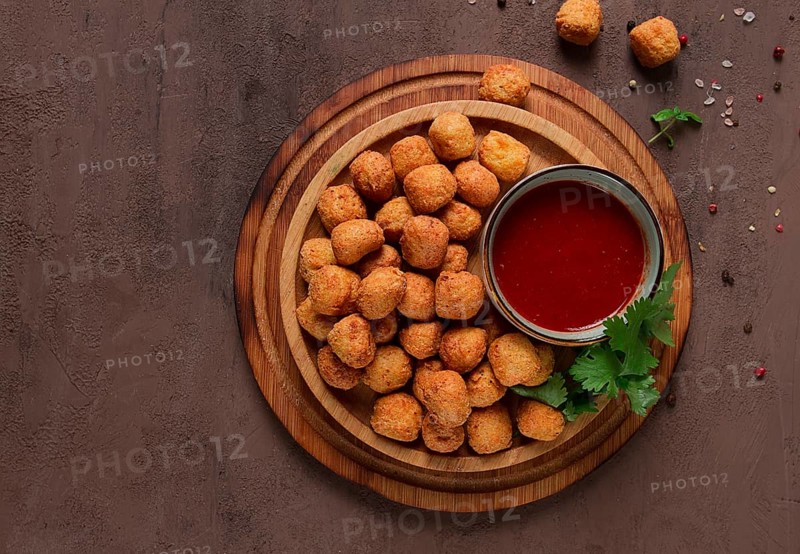 Chicken popcorn, deep fried, nuggets, close-up, rustic, no people