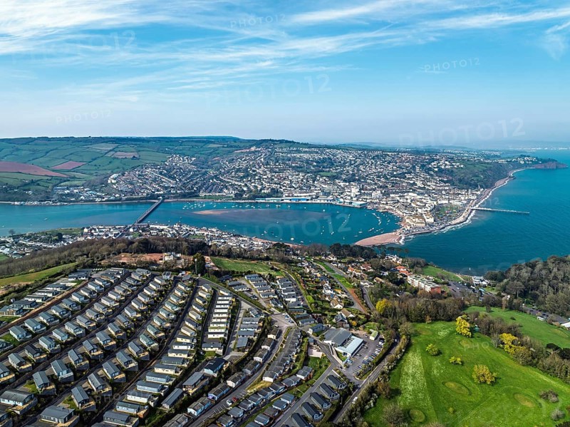 Coast View Holiday Park, Farms and Fields over River Teign from a drone, Teignmouth, Shaldon, Devon, England, United Kingdom, Europe