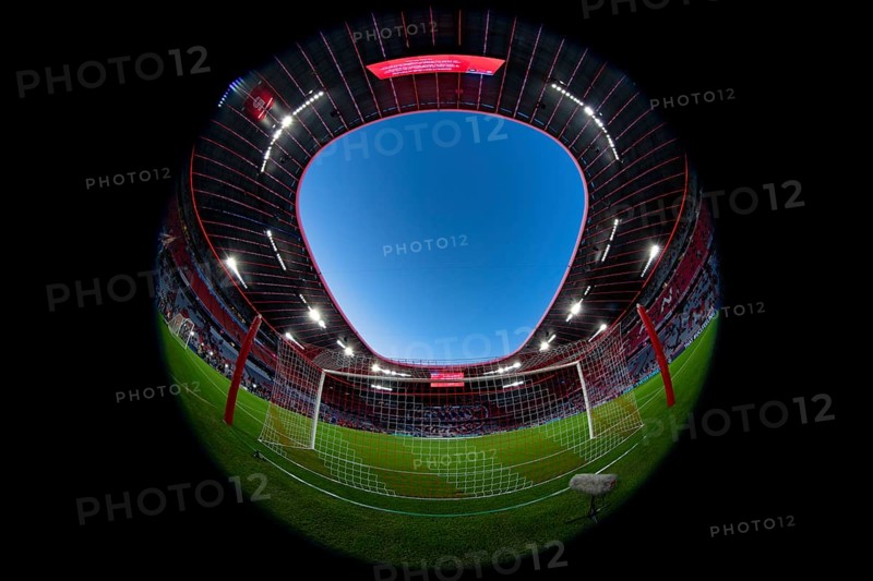 Overview, interior, floodlit match, behind-the-goal perspective, goal net, blue hour, fisheye shot, Champions League, Allianz Arena, Munich, Bavaria, Germany, Europe