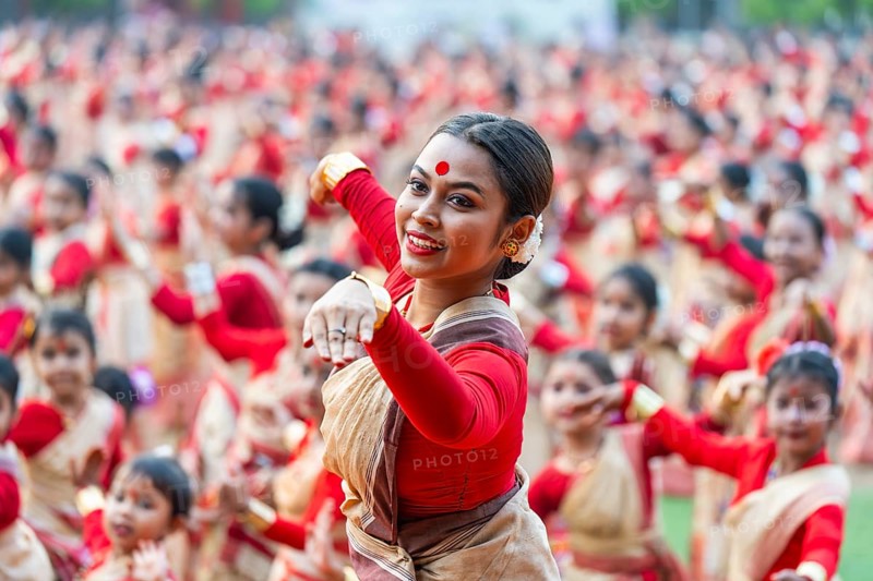 An instructor dance as participants follows the dance step in a Bihu dance workshop ahead of Rongali Bihu Festival, in Guwahati, India on 8 April 2025