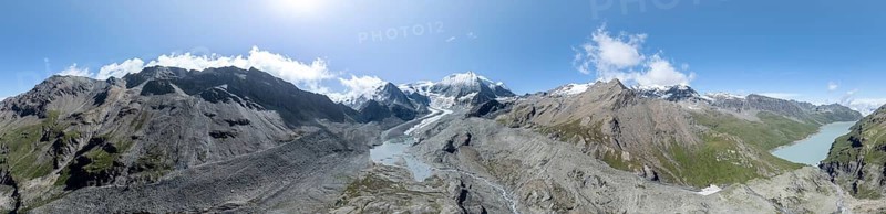 Aerial view, Alpine panorama, mountain landscape with glacier Glacier de Cheilon and summit Mont Blanc de Cheilon and Lac de Dix, Valais, Western Alps, Switzerland, Europe