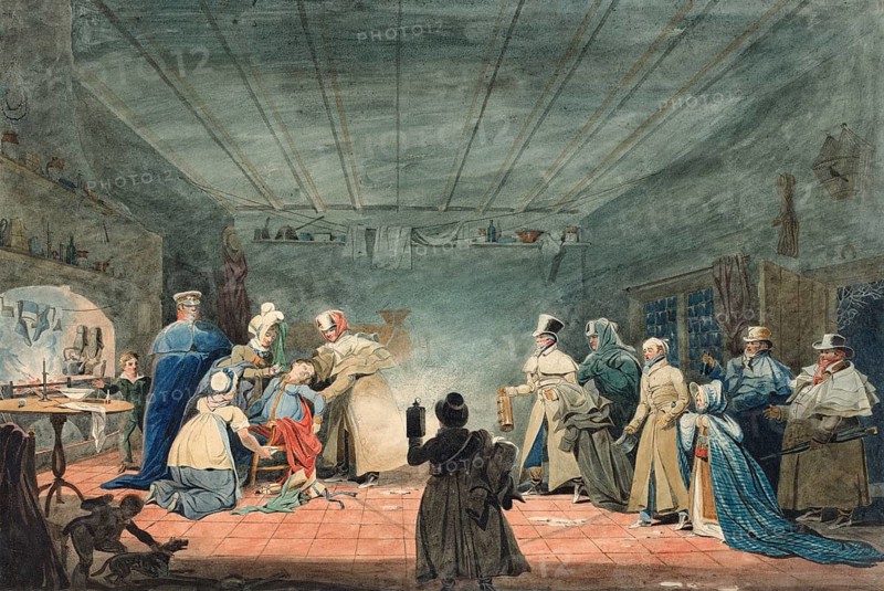 Hospitality of a farmer to travellers in a carriage that has broken down, 1819, England, Historical, Digitally restored reproduction from a 19th century original, Record date not stated