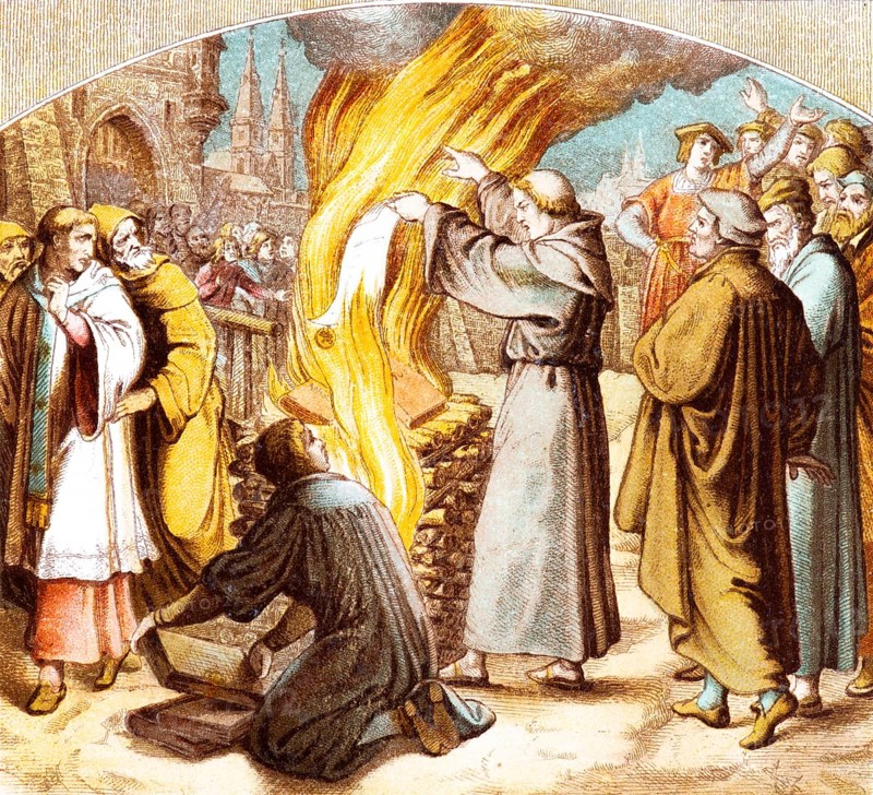 Luther publicly burns the papal bull of excommunication from Pope Leo X, Decet Romanum Pontificem, in 1521, Wittenberg, excommunication of Luther, emergence of Protestantism, wood fire, spectators, stages of Dr Martin Luther's life, coloured illustration ca. 1890