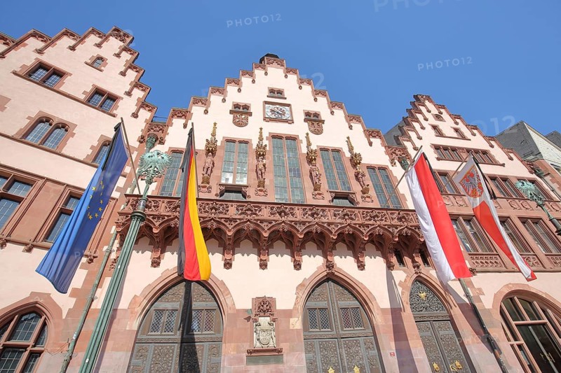 Römer with German national flag, state flag, EU flag, Hessian flag, state flag, Römer, Old Town, Frankfurt am Main, Hesse, Germany, Europe