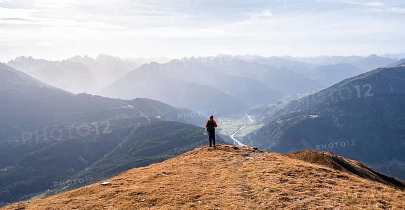 Mountaineers in front of a mountain panorama on the Venet, view of the Upper Inn Valley in the morning light, Venet crossing, Ötztal Alps, Tyrol, Austria, Europe