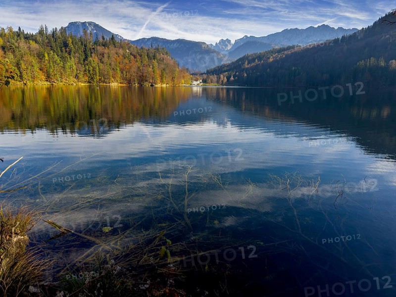 Autumn atmosphere at Hechtsee lake near Kufstein, behind Wilder Kaiser, Tyrol, Austria, Europe