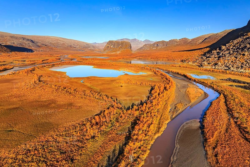 Lake, river, river delta, autumn colours, autumn, mountains, sunny, aerial view, Rapadalen, view of Nammatj and Sarek National Park, Laponia, Lapland, Sweden, Europe