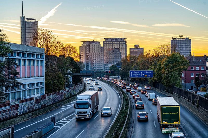 Evening traffic, partly with traffic jams, slow-moving traffic on the A40 motorway, skyline of Essen, RWE tower on the left, Evonik Group headquarters in the middle, former Postbank building on the right, Essen, North Rhine-Westphalia, Germany, Europe