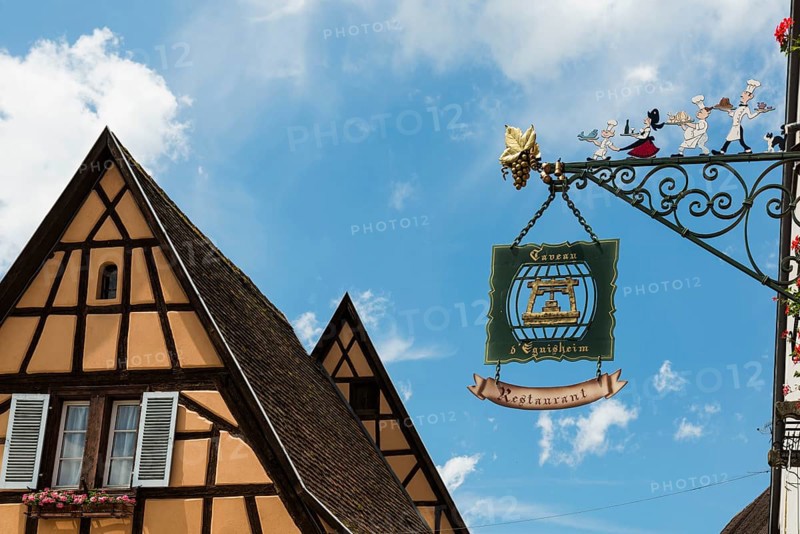 Restaurant sign, Eguisheim, Plus beaux villages de France, Haut-Rhin, Alsace, Alsace, France, Europe