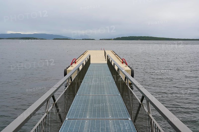 Tranquil fjord landscape with boat jetty in the fjord, Molde, Romsdal, Norway, Europe