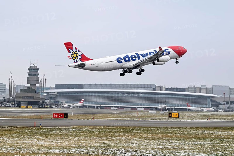 Aircraft Edelweiss Air, Airbus A340-300, HB-JMC, Zurich Kloten, Switzerland, Europe