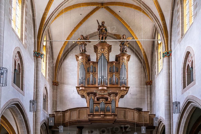 Baroque organ by organ builder Johann Michael Stumm in the interior of the collegiate church of St Castor in Karden, Treis-Karden, Rhineland-Palatinate, Germany, Europe