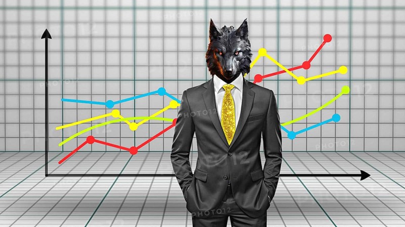 Symbolic image, wolf in a suit, stock market, industry, economy critical, exploitation, stress, trade union, pay, wage increase, insolvency, wrong decisions, unemployment, profit, profit slump, share prices, Germany as a business location, global economy, globalisation